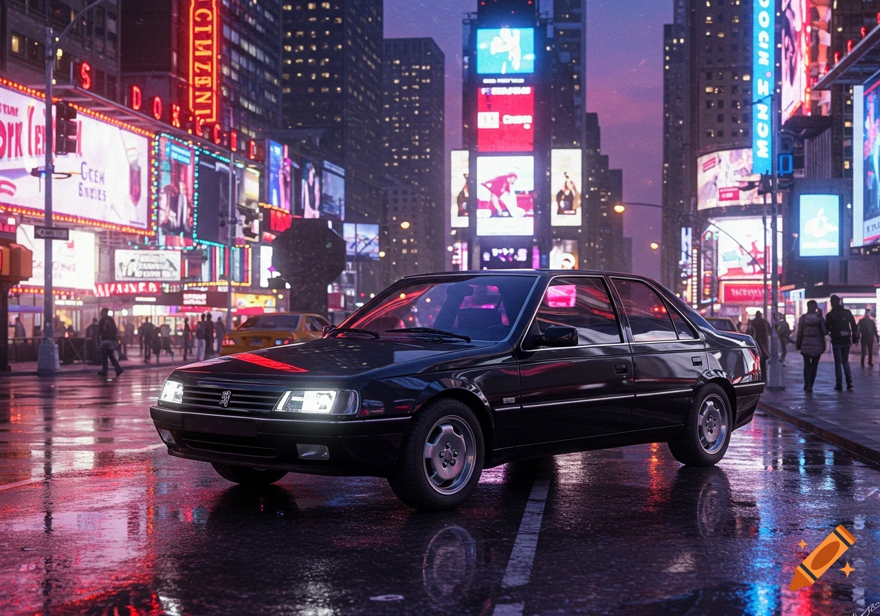 A black Peugeot 405 car on a wet city street at night, illuminated by neon signs and city lights, in a photorealistic style.