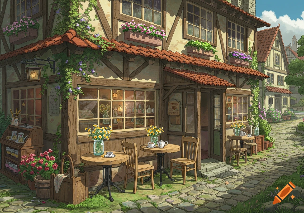 A charming Ghibli-style coffee shop with outdoor seating, covered in vines and flowers on a cobblestone street.