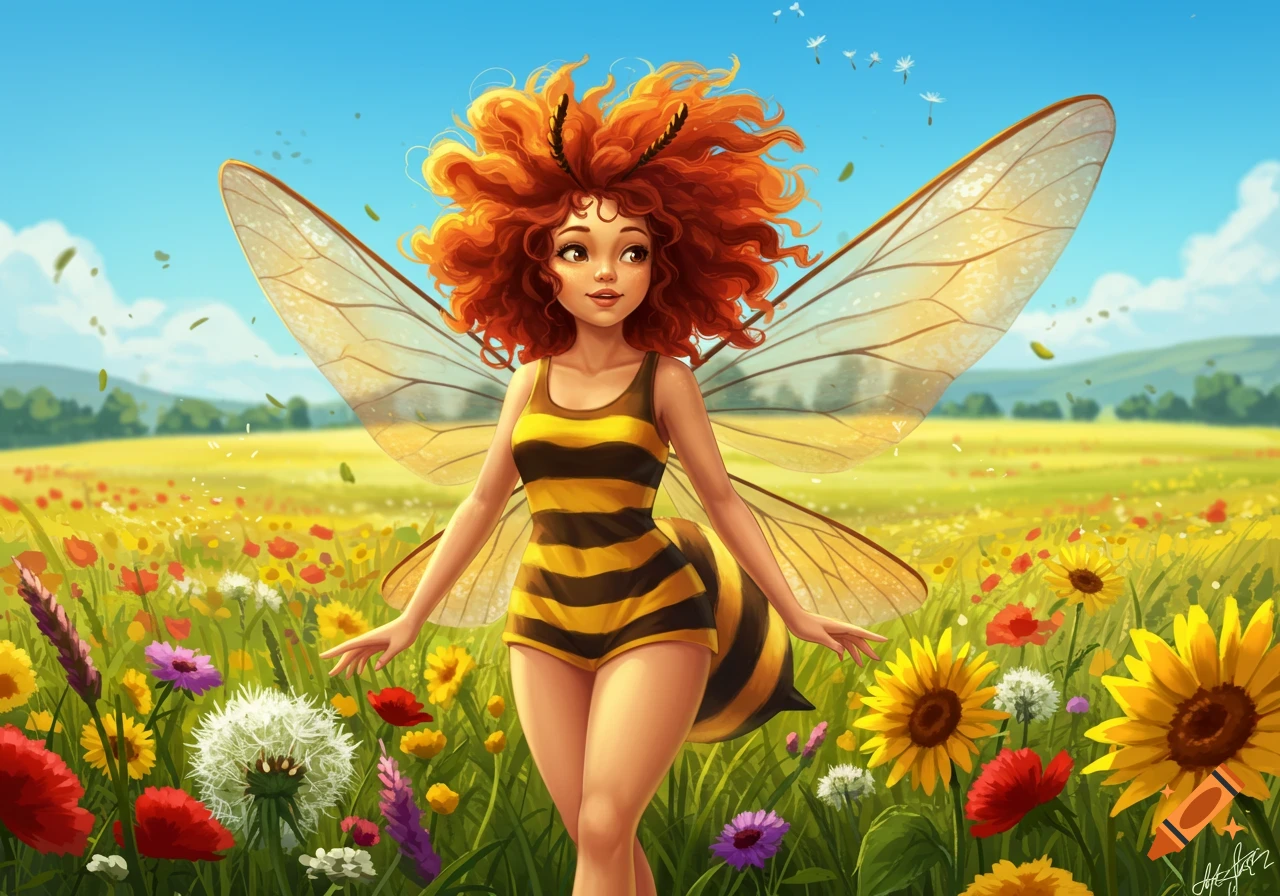 A whimsical, cartoon bee girl with red curly hair and wings, wearing a striped swimsuit, stands in a vibrant wildflower field.