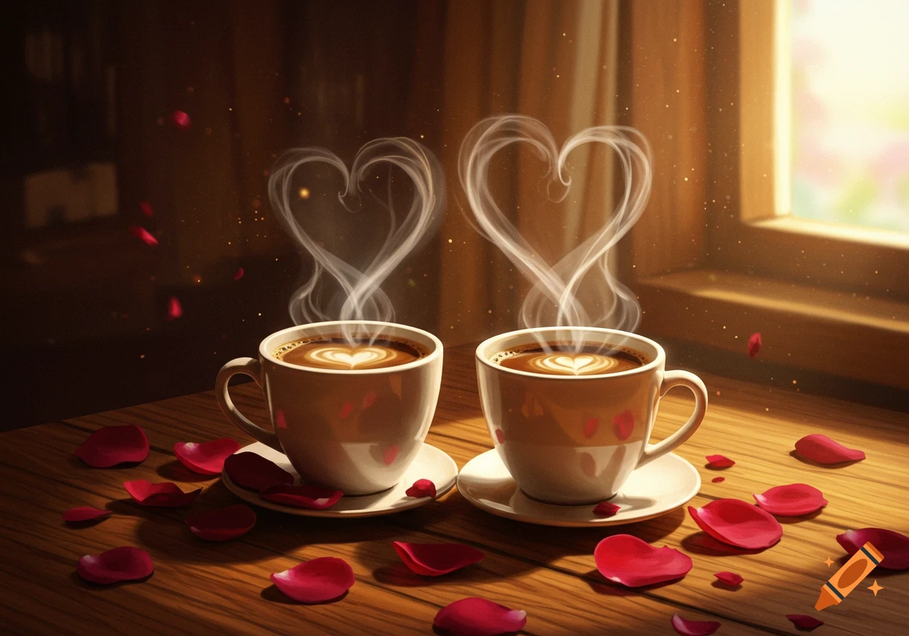 Two coffee cups with heart steam and scattered rose petals on a wooden table, sunlit by a window.
