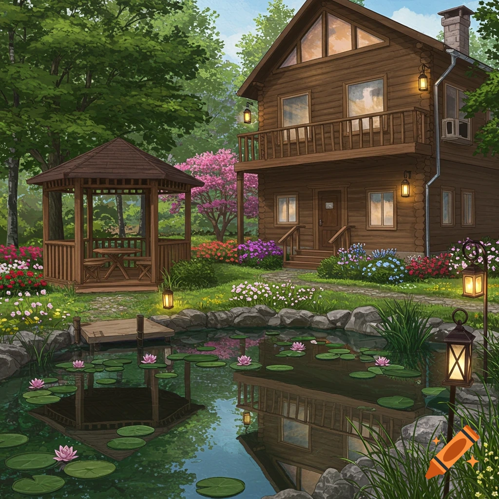 An illustration of a log cabin with a balcony, lanterns, and a lush garden. A pond with lily pads reflects a gazebo and the house.