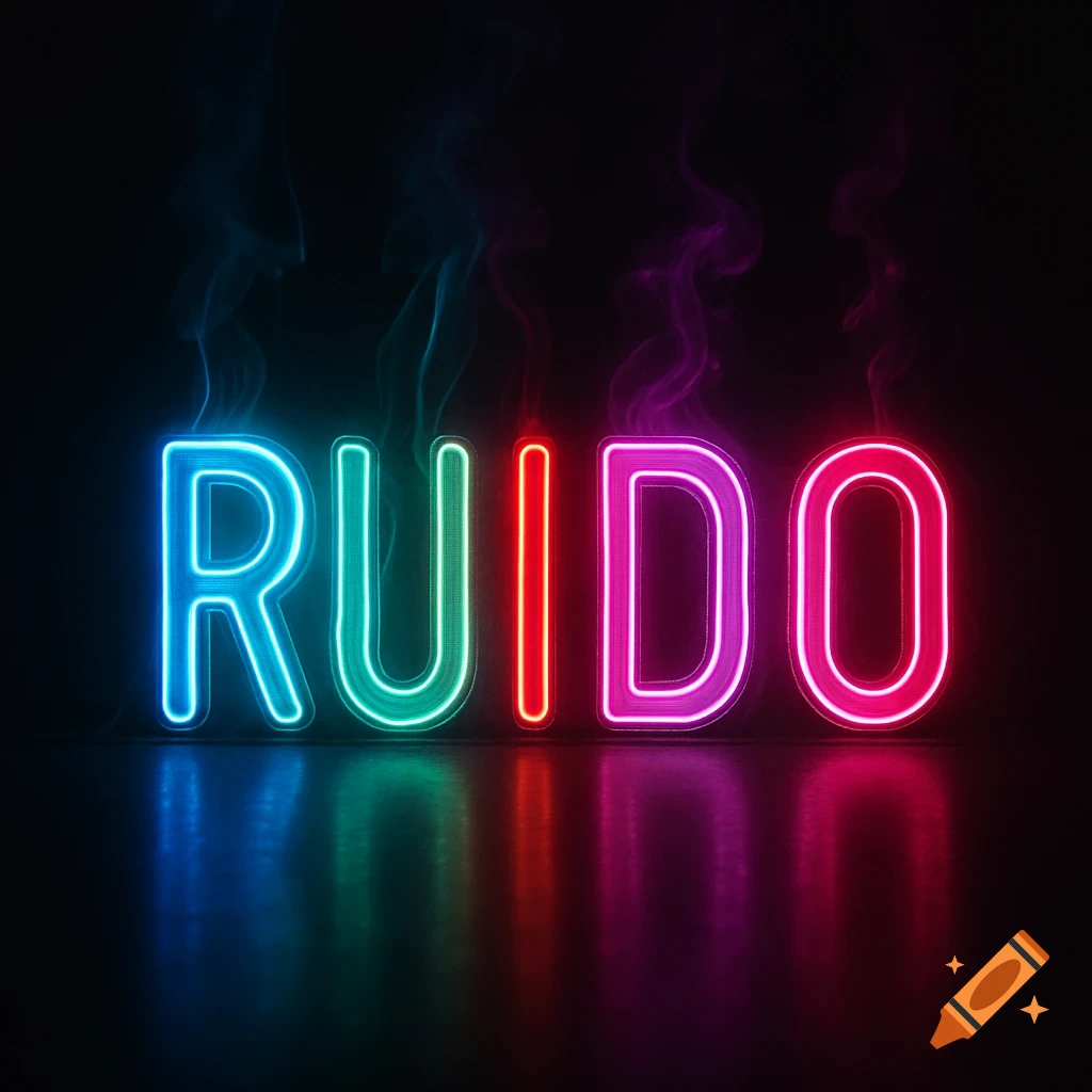 The word RUIDO in glowing, colorful neon letters on a dark background with reflections.