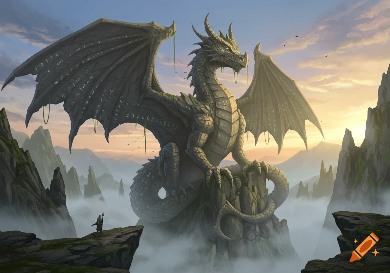 A colossal stone dragon statue sits majestically on a misty mountain peak at sunrise, with a lone figure in the foreground.