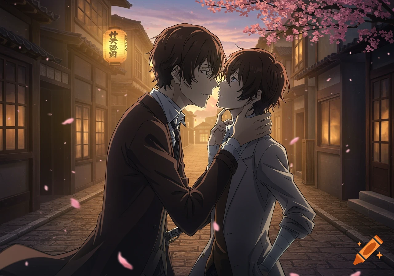 Anime art of two male characters, Kunikida and Dazai from Bungo Stray Dogs, in a romantic pose on a Japanese street with cherry blossoms at dusk.
