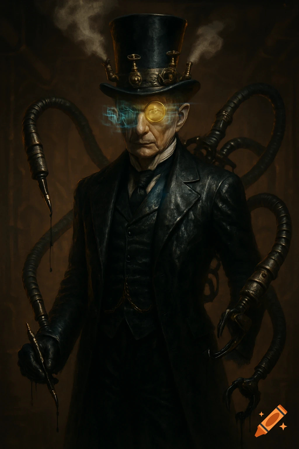 A steampunk supervillain portrait of an older man in a top hat with steam vents, a glowing monocle, and mechanical tentacles, holding a pen.