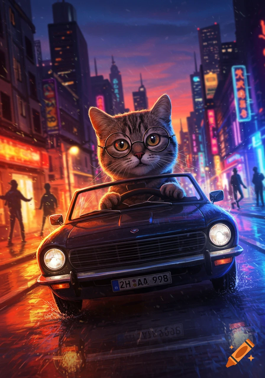 A cute tabby cat wearing glasses drives a convertible car down a vibrant, neon-lit city street at night, with reflections on the wet road.