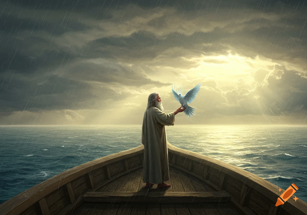 An old man with a beard in a robe stands on a wooden boat, holding a white dove as rain falls and sunlight breaks through storm clouds.