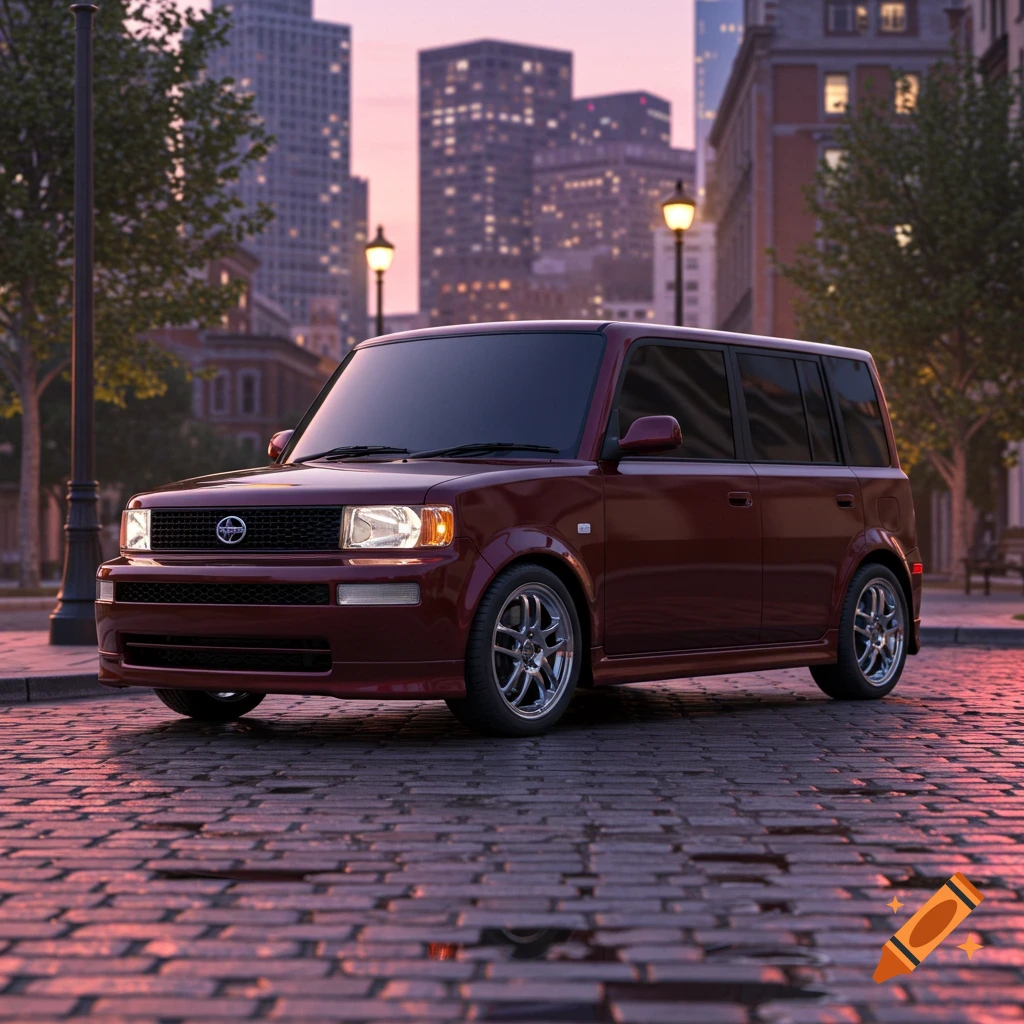 A burgundy Scion xB parked on a cobblestone street at dusk with city buildings in the background.