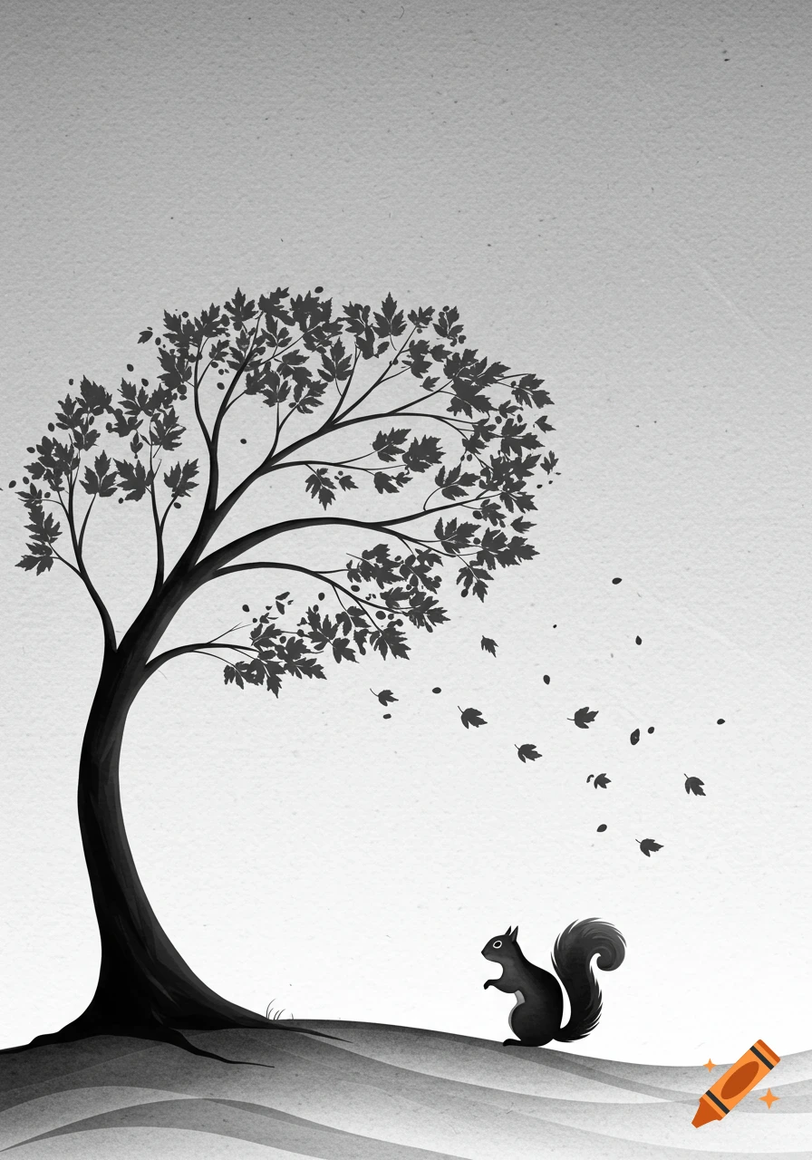 Black and white illustration of a tree losing leaves with a squirrel on a hill below.
