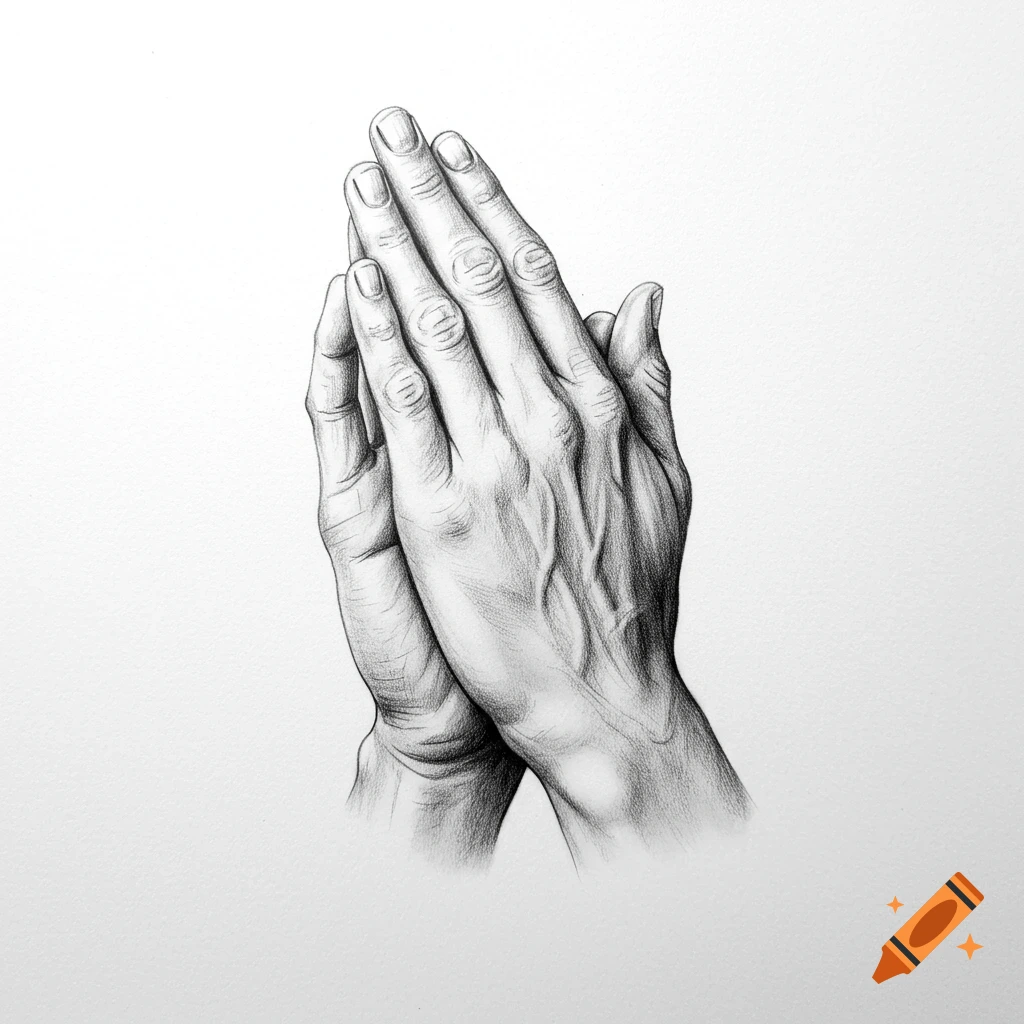 A detailed pencil drawing of two hands clasped together in a prayer gesture against a white background.