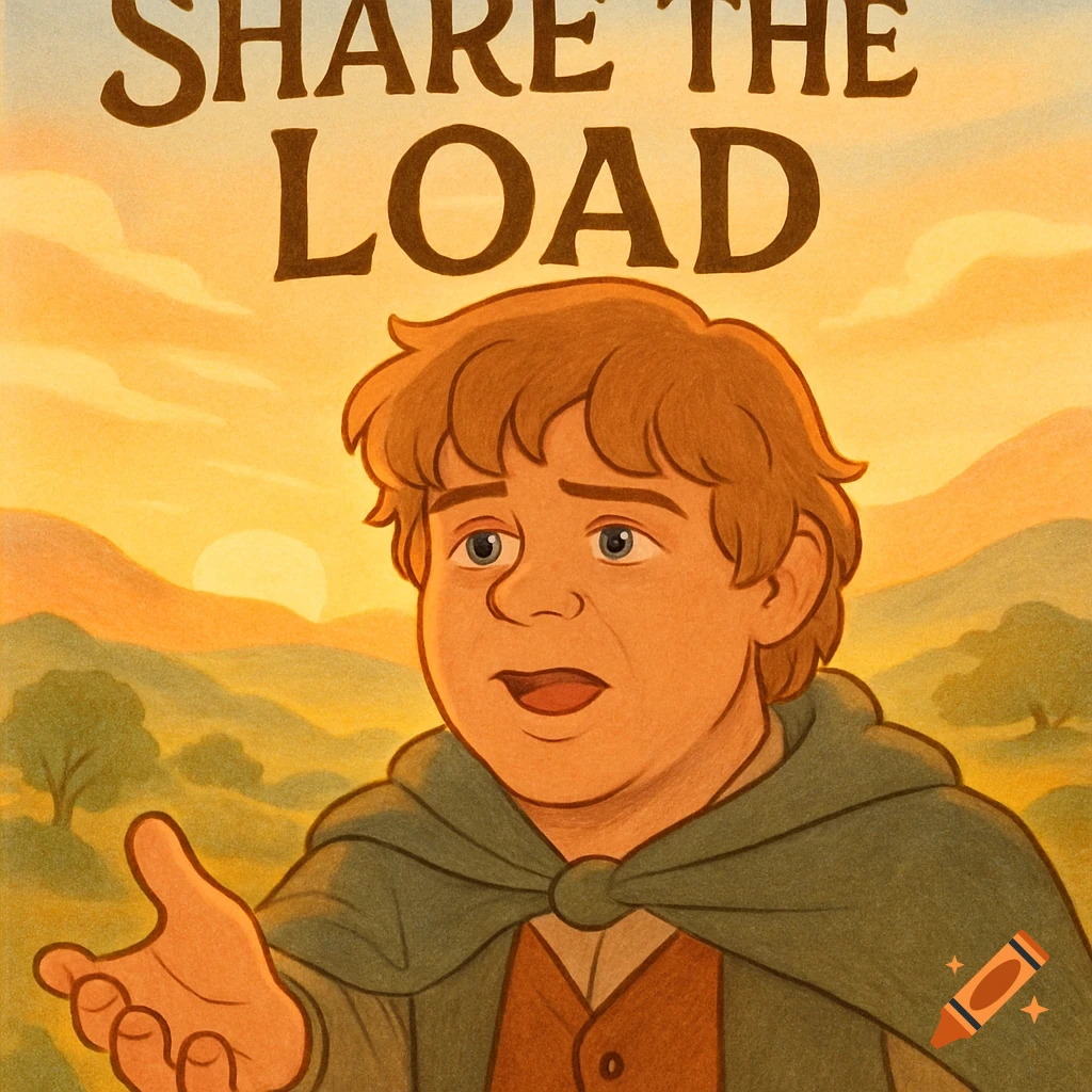 Animated drawing of Samwise Gamgee with "SHARE THE LOAD" text above him, set against a sunset landscape.