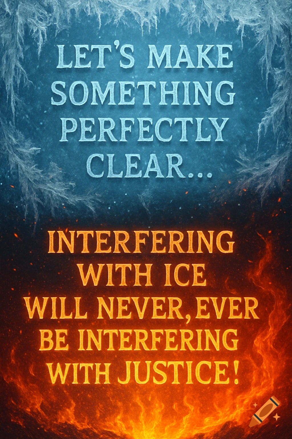 A poster with text over a background of ice at the top and fire at the bottom. The icy text reads "LET'S MAKE SOMETHING PERFECTLY CLEAR..." and the fiery text reads "INTERFERING WITH ICE WILL NEVER, EVER BE INTERFERING WITH JUSTICE!"