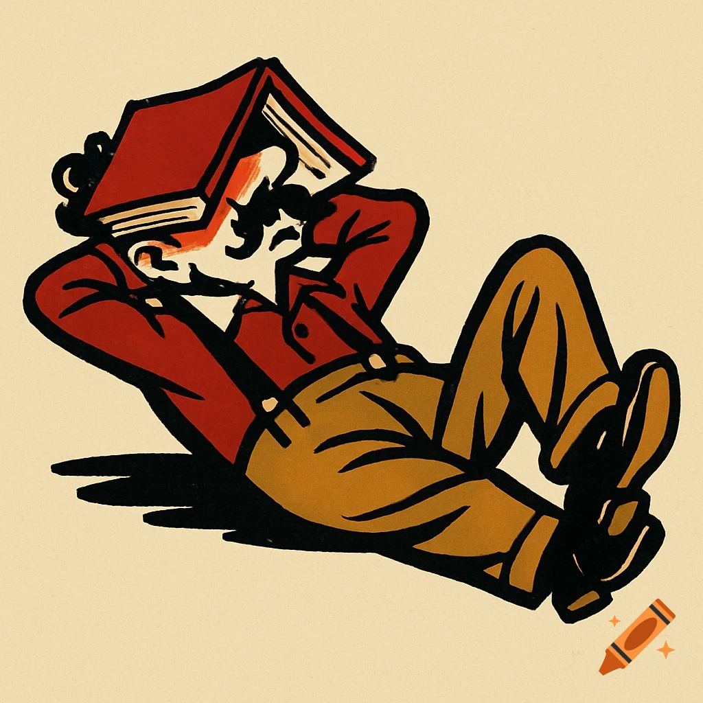 Kukryniksy style illustration of a man in 1920s clothes lying down, a red open book covering his face.