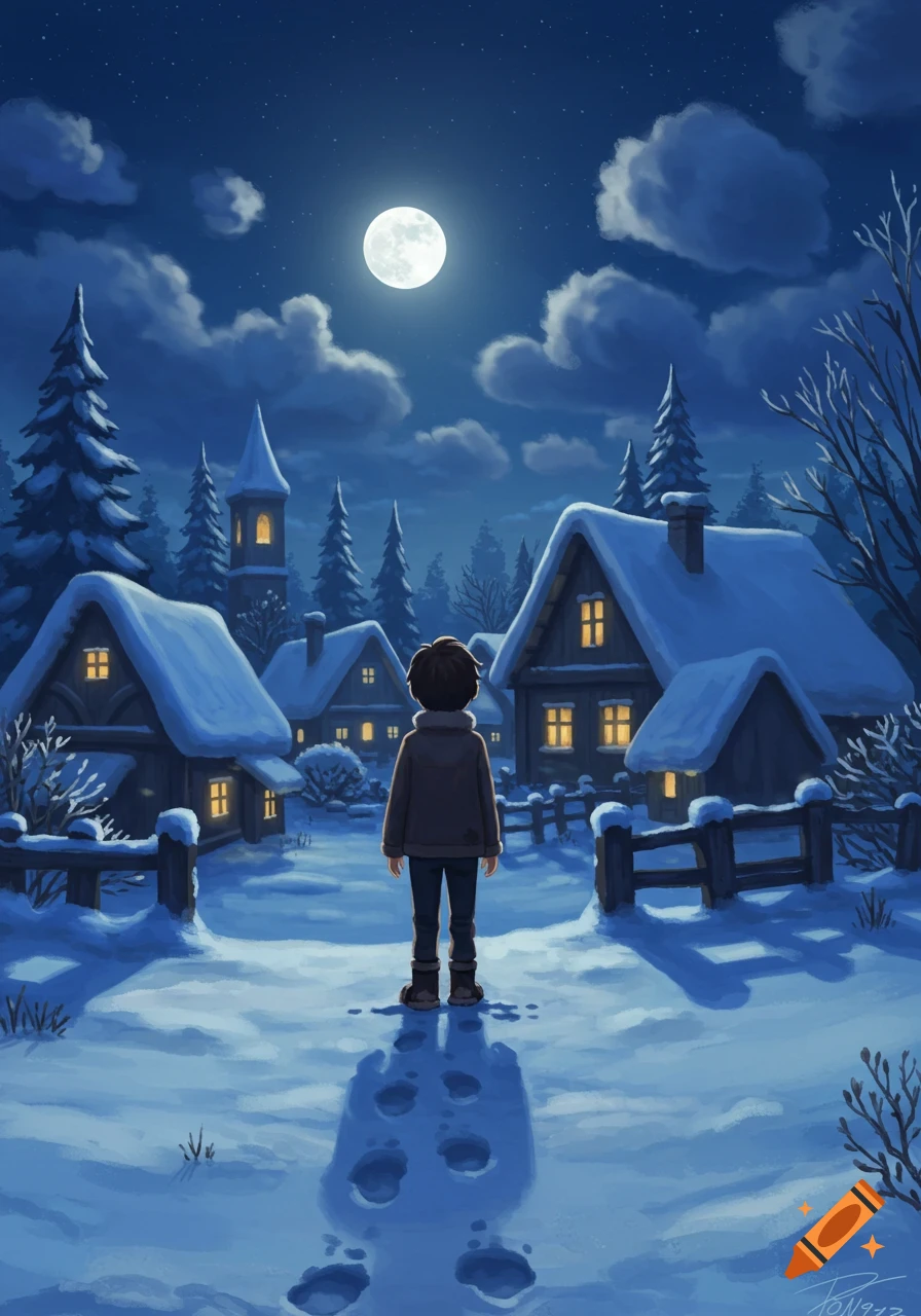 A young boy stands in a snowy village at night, gazing at the bright full moon in a clear sky, stylized illustration.