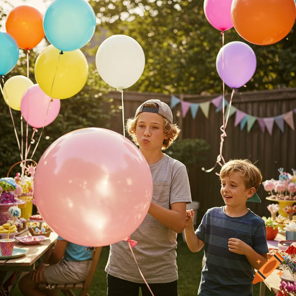 Two boys at a sunny outdoor birthday party, one holding a large pink balloon and making a face, surrounded by colorful balloons and party treats.