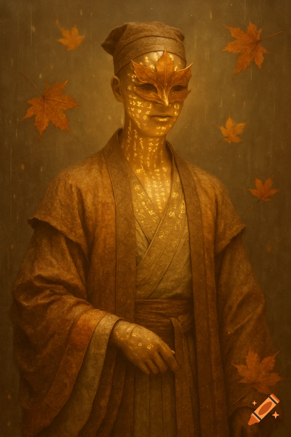 A figure in ancient Chinese-inspired robes, with a golden maple-leaf mask and glowing script on their skin, surrounded by falling autumn leaves.