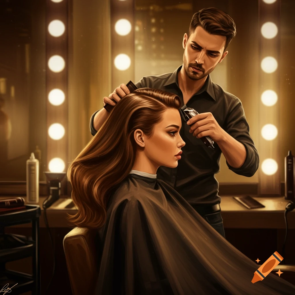 A man styles a brunette woman's hair with a clipper in a brightly lit salon, digital art.