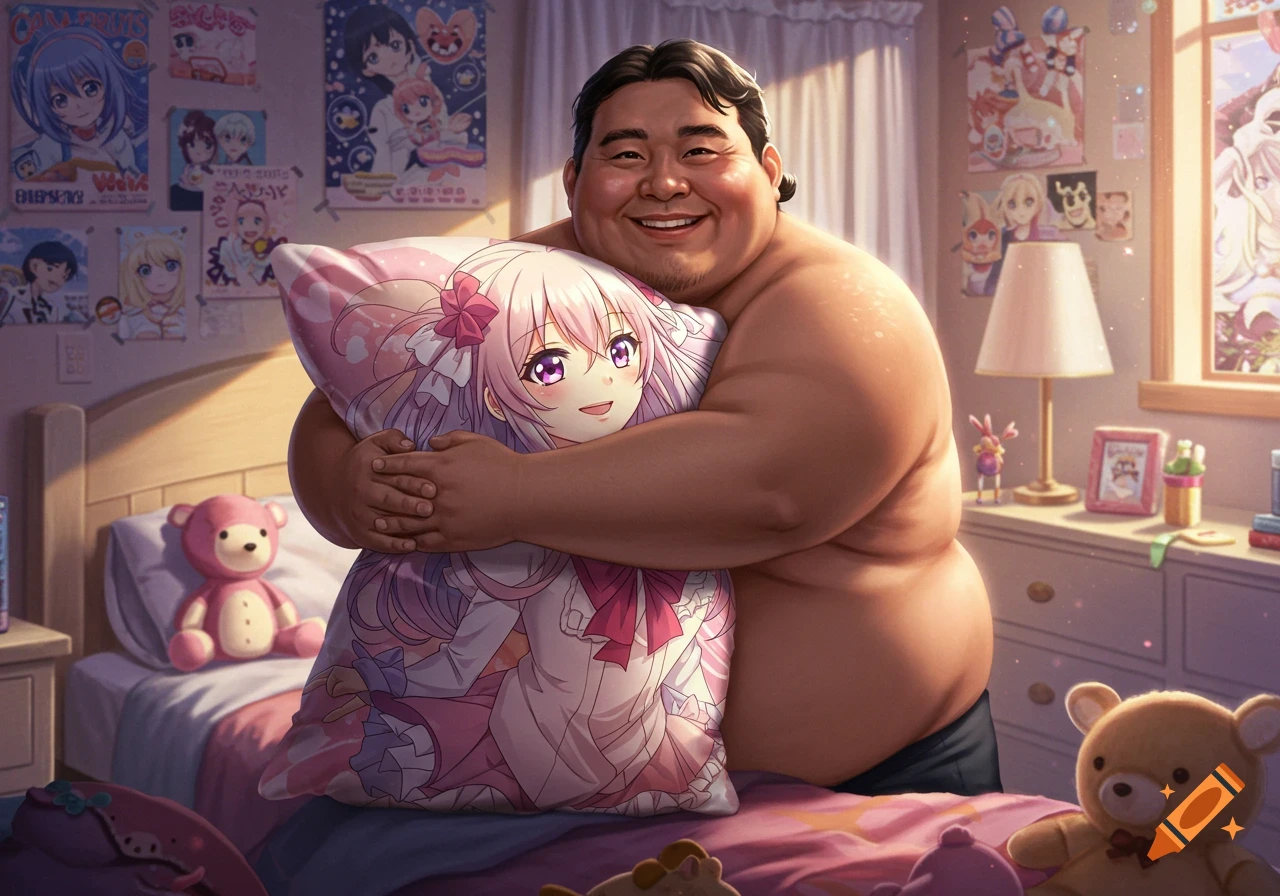 An obese man with a middle part hairstyle smiles while hugging an anime body pillow featuring a pink-haired character, in a bedroom filled with anime posters.