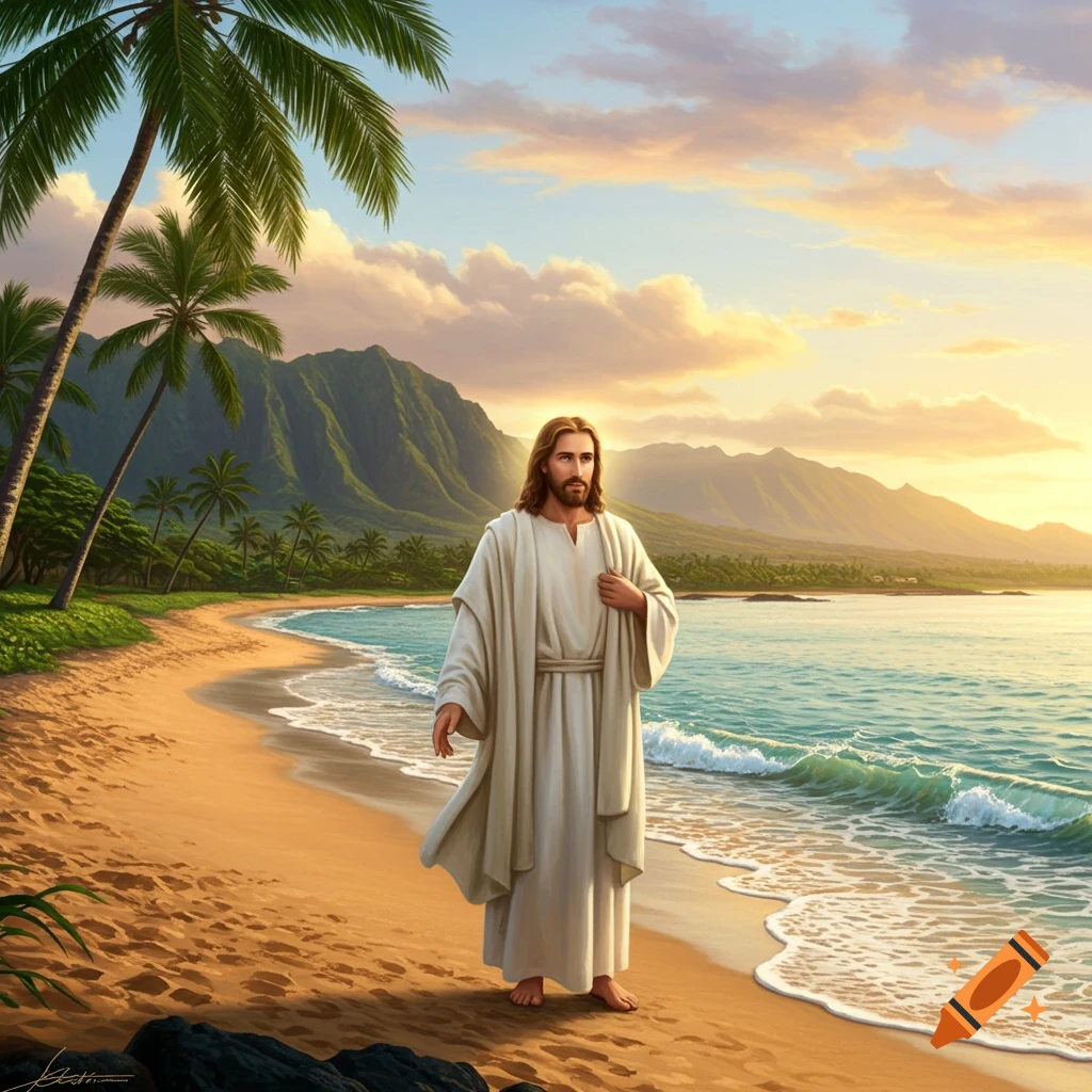 Jesus walks barefoot on a tropical beach with palm trees, mountains, and the ocean at sunset, digital painting.