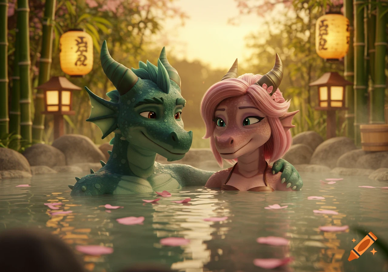 A green and pink cartoon dragon couple relaxing in a hot tub with cherry blossom petals and bamboo in the background.