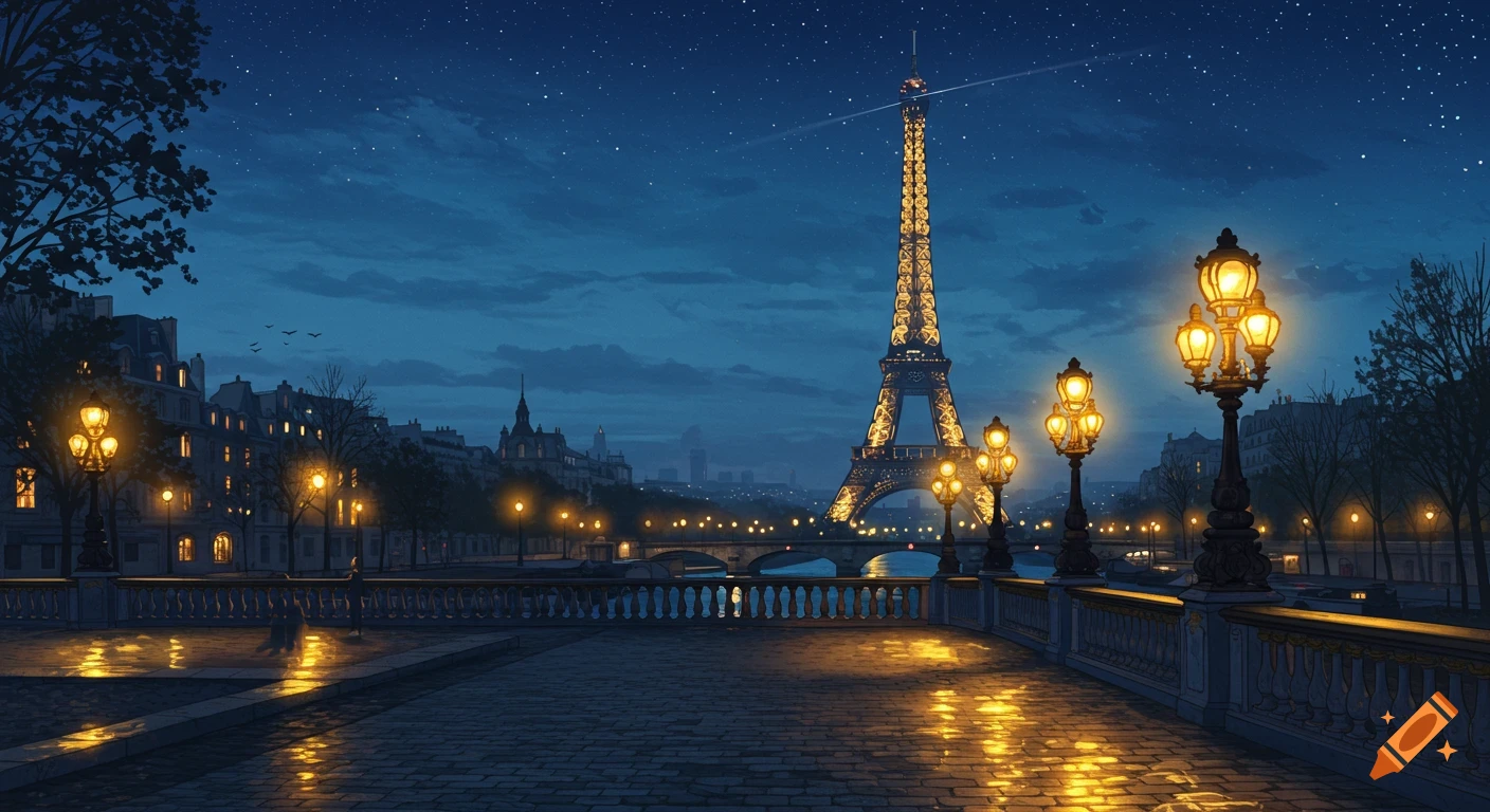 An illustrative night scene of Paris from a bridge, with the illuminated Eiffel Tower, glowing streetlights, and buildings along the river.
