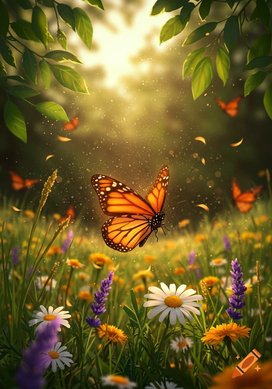 A vibrant monarch butterfly floats above a meadow of colorful wildflowers, bathed in golden sunlight filtering through overhead leaves.