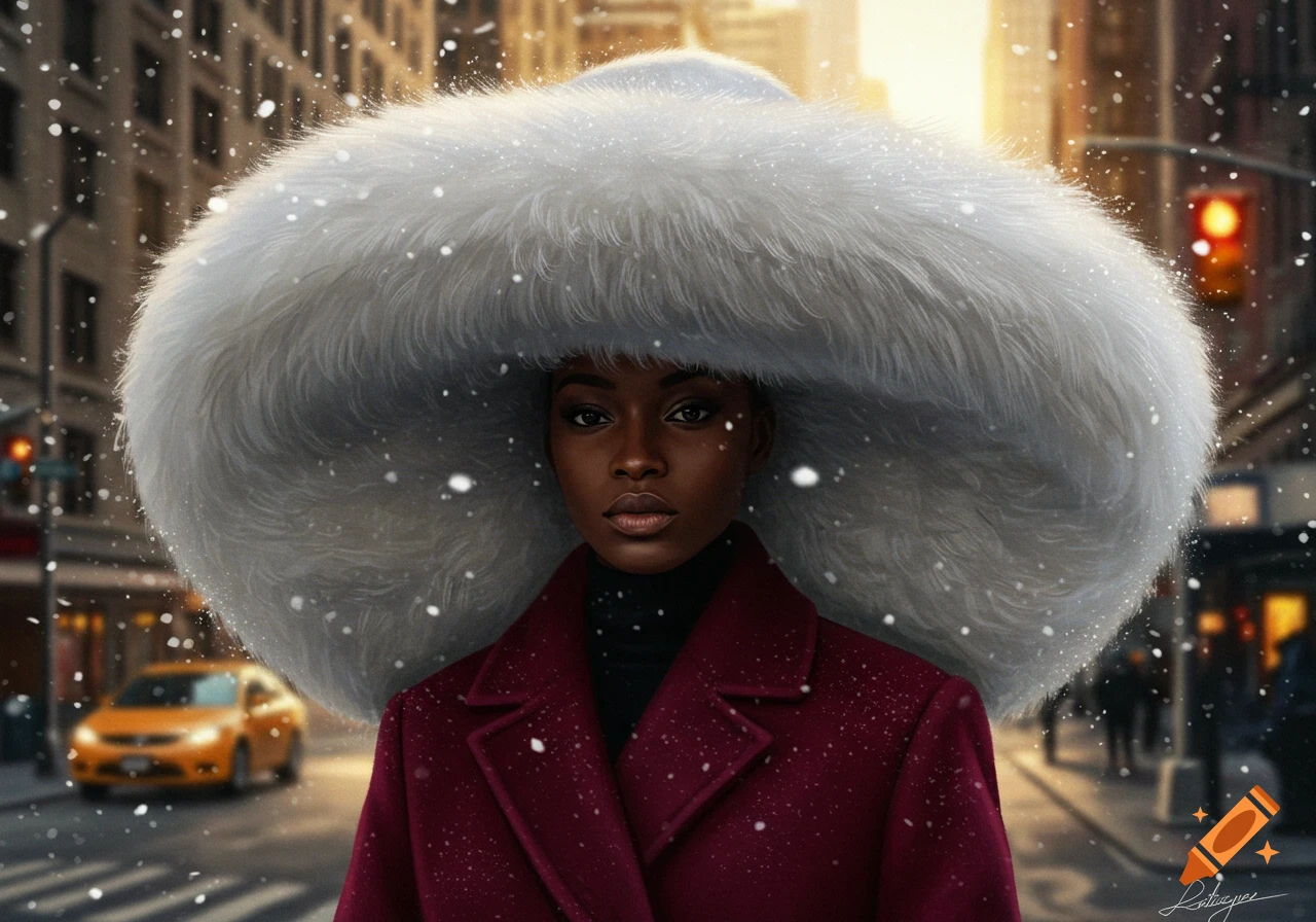 A black woman in a large white fur hat and a maroon coat stands on a snowy city street.