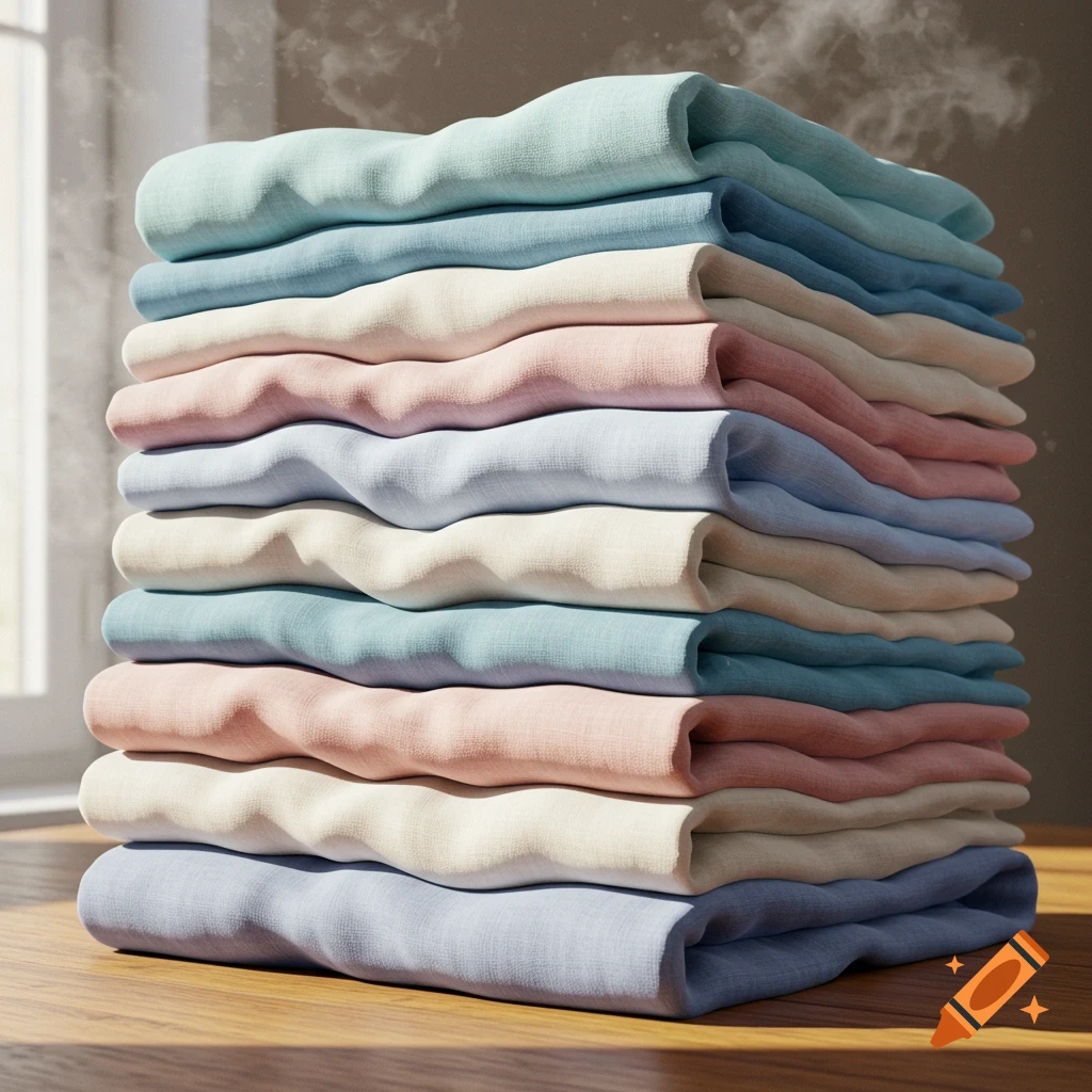 A tall stack of neatly folded pastel-colored laundry with steam rising from the top, set on a wooden surface.