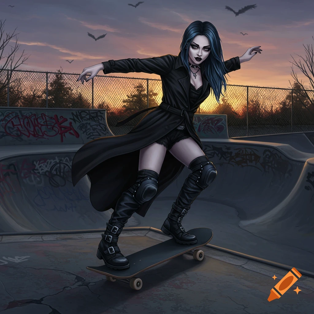 A gothic woman with dark blue hair in a black coat and shorts skates at a park at sunset, bats flying in the sky. Digital art.