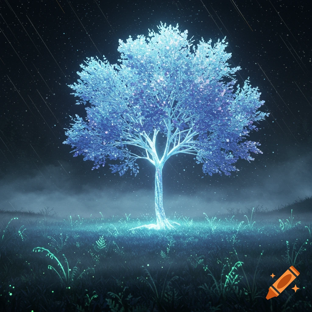 A glowing blue tree stands in a misty, dark field with luminous cyan foliage under a starry sky.