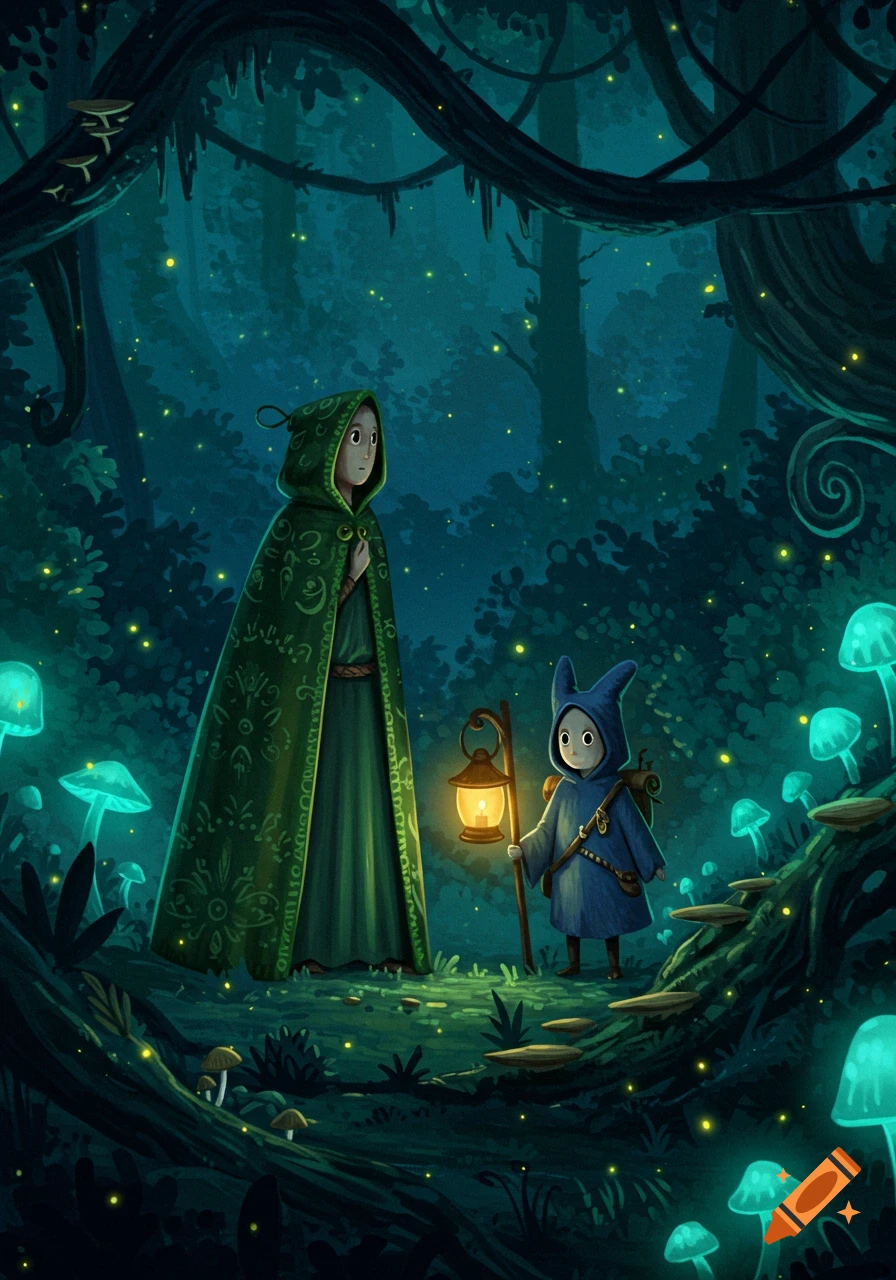 Two cloaked figures, one tall in green and one small in blue with a lantern, stand in a glowing mystical forest with bioluminescent mushrooms and fireflies, in a storybook illustration style.