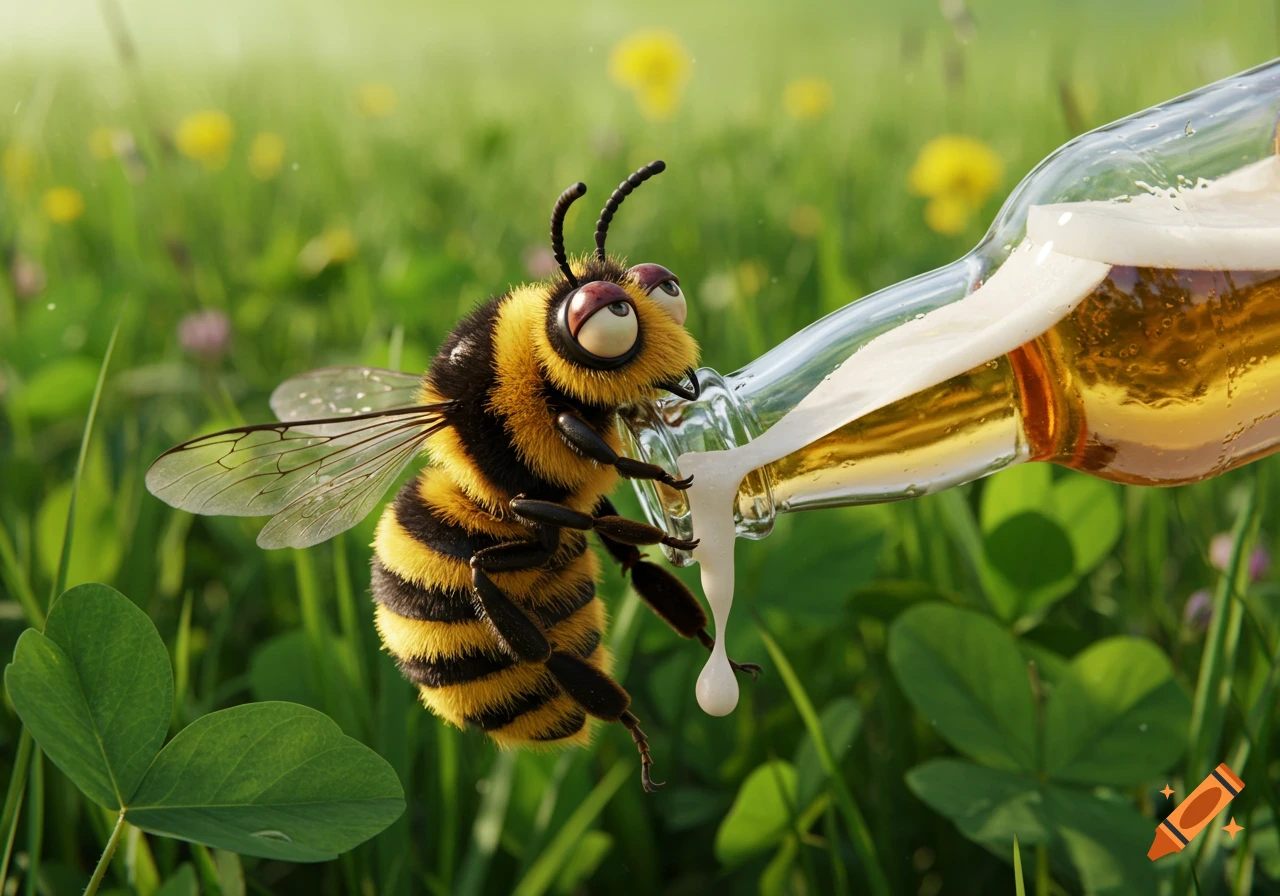 A cartoon bee with large, bloodshot eyes holds onto a spilling beer bottle in a sunny green field with yellow flowers.