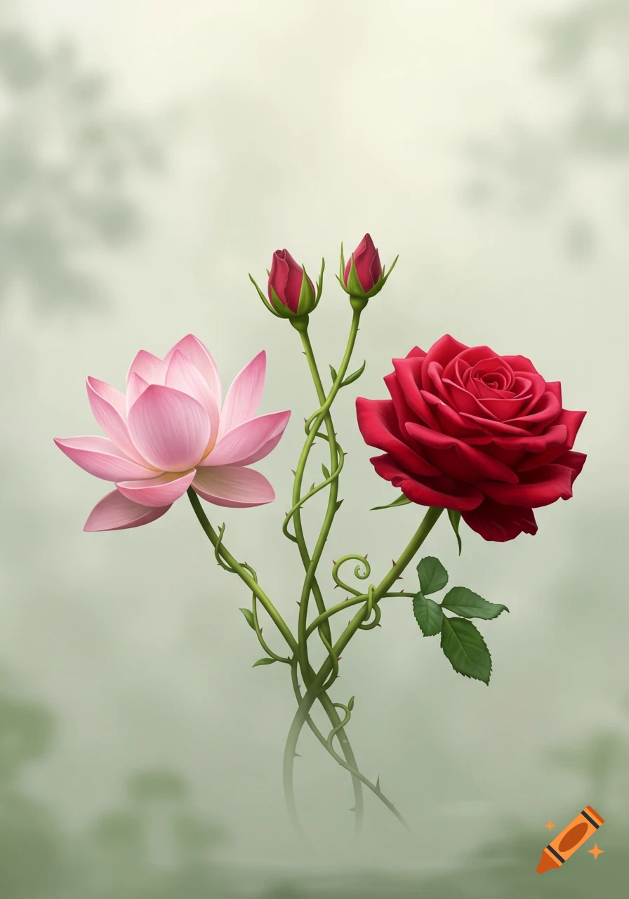 A detailed illustration of a pink lotus and a vibrant red rose, connected by thorny green vines with two rose buds, set against a soft, light green blurred background.