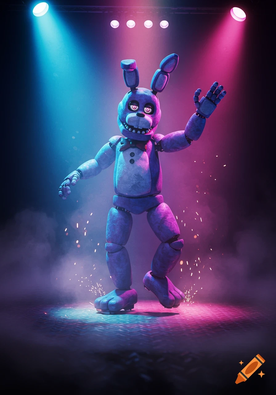 A purple animatronic rabbit, Bonnie from FNAF, poses on a smoky stage lit by blue and pink spotlights.