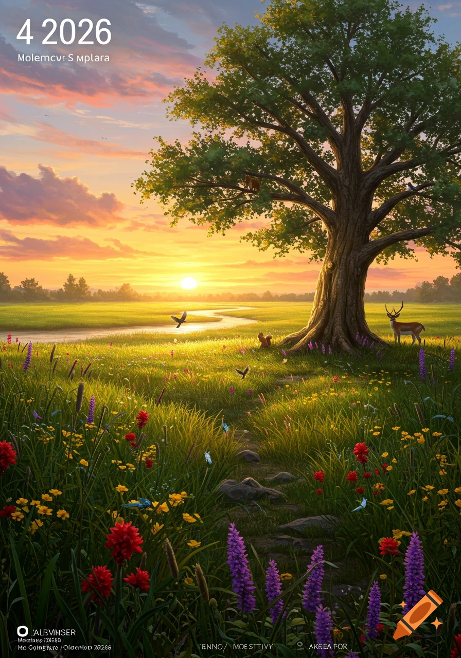A vibrant sunset over a lush green meadow with a large oak tree, a winding river, wildflowers, a deer, and several small animals.