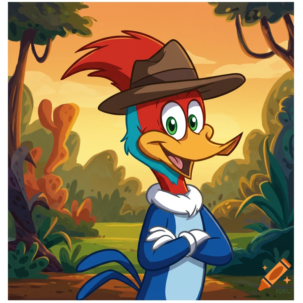 A cartoon character, a hybrid of Woody Woodpecker and Perry the Platypus, wearing a brown fedora and a white collared shirt, stands with arms crossed in a stylized jungle background.
