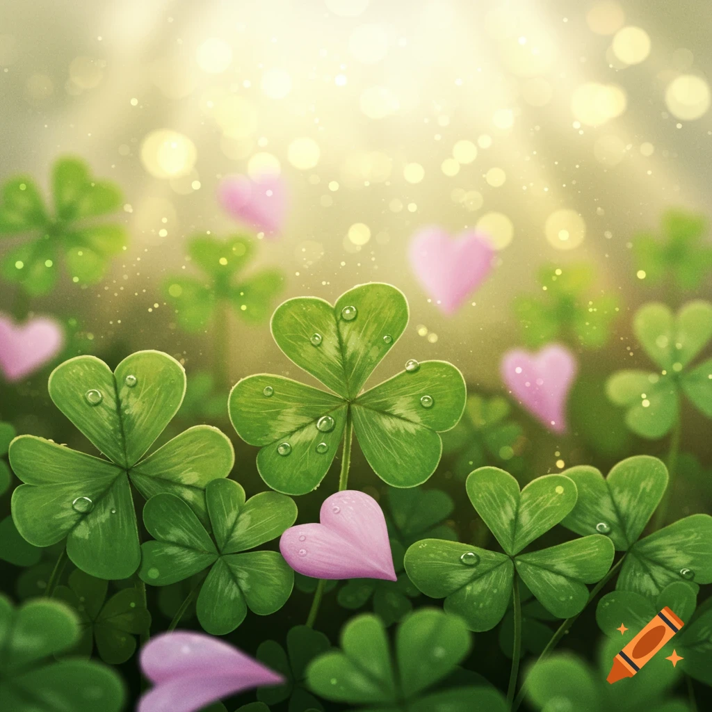 Close-up of vibrant green clovers with dew drops, interspersed with soft pink heart-shaped petals under a radiant, bokeh-filled sunlight.
