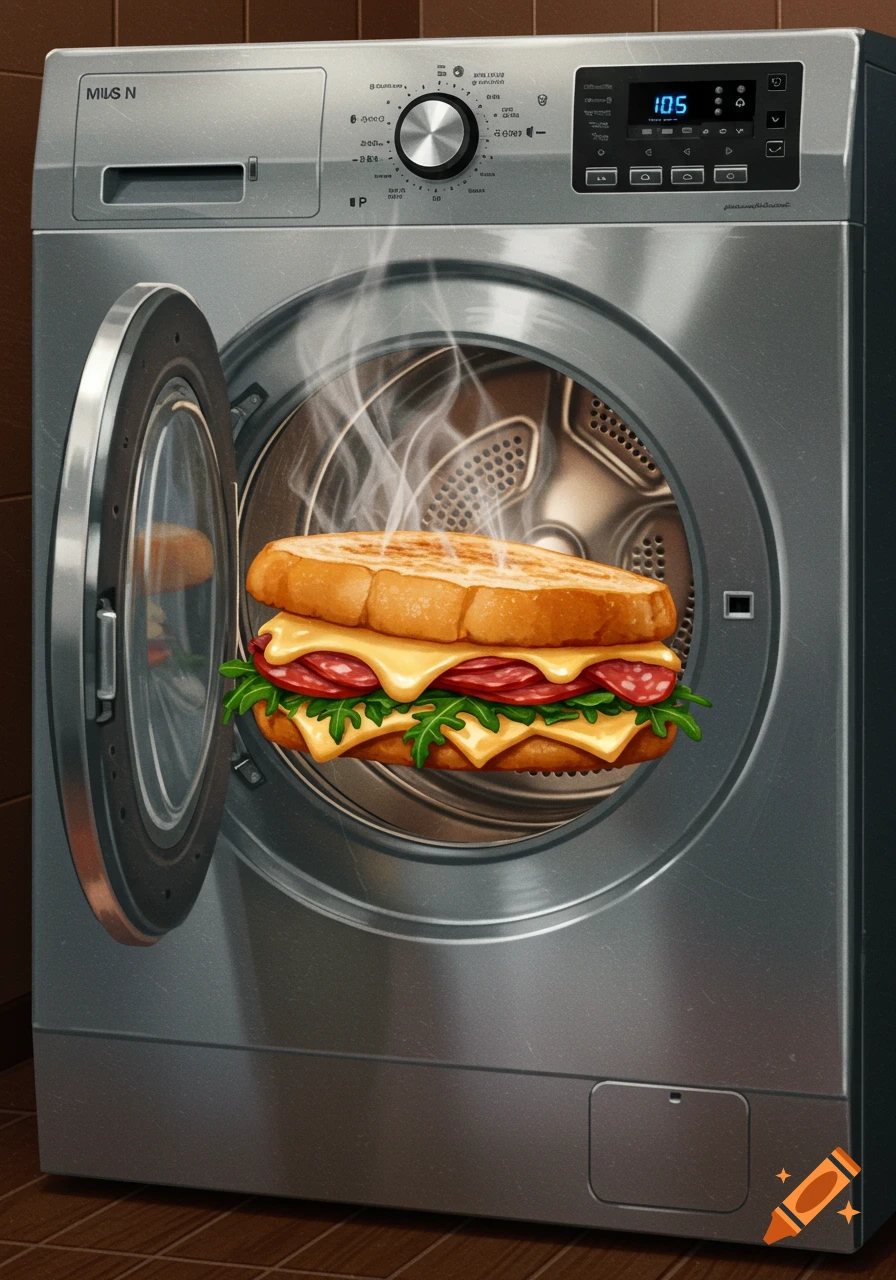 A hot Italian sandwich with melted cheese and salami steaming inside an open washing machine.