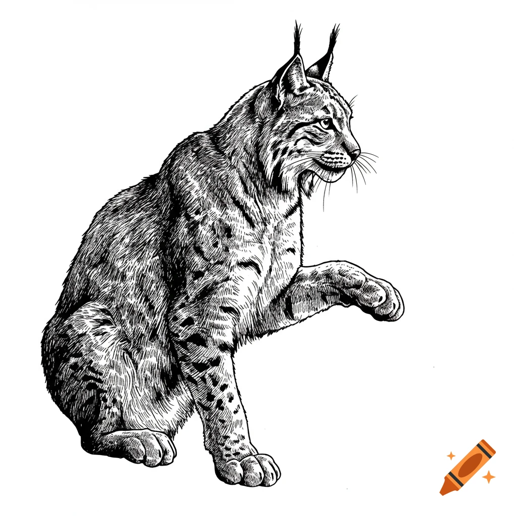 A black and white ink drawing of a lynx sitting with one paw raised, viewed from the side.