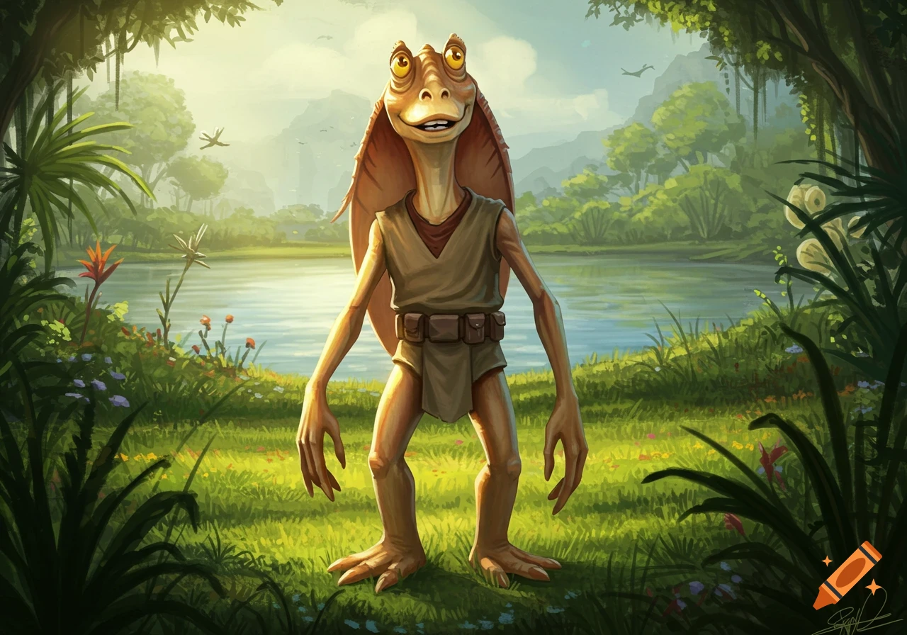 An illustration of Jar Jar Binks standing in a lush, sunny jungle beside a lake, with trees and mountains in the background.