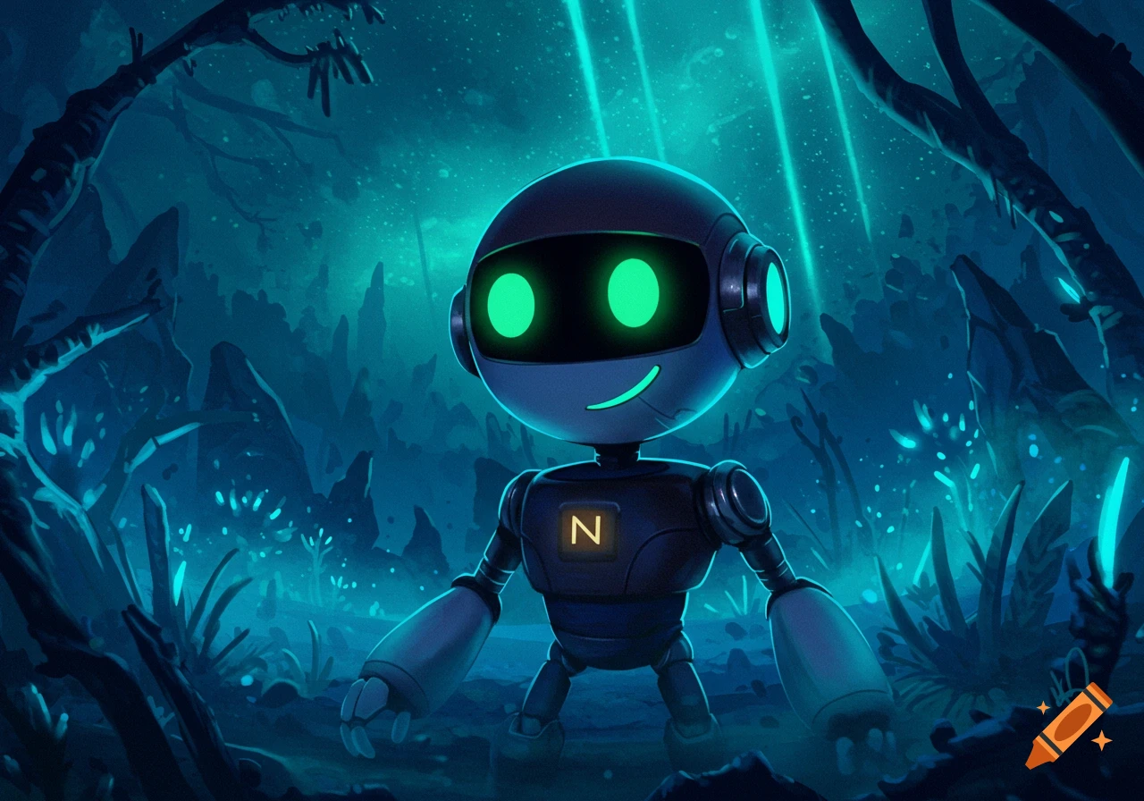 A friendly cartoon robot with glowing green eyes and an 'N' on its chest stands in a dark blue, glowing forest.