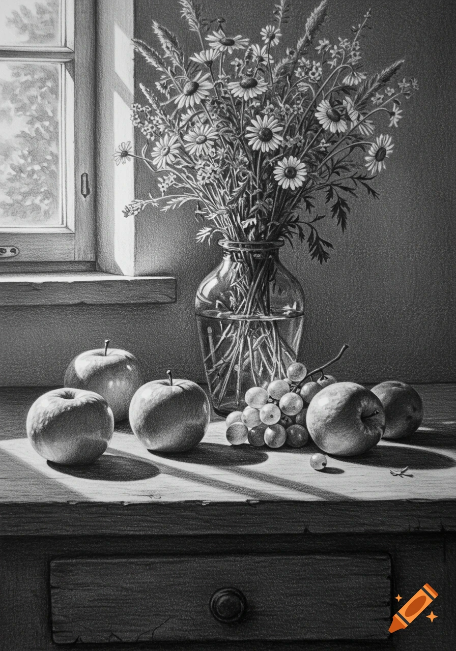 A detailed monochromatic pencil drawing of a still life featuring a vase of wildflowers, apples, and grapes on a wooden table next to a window.