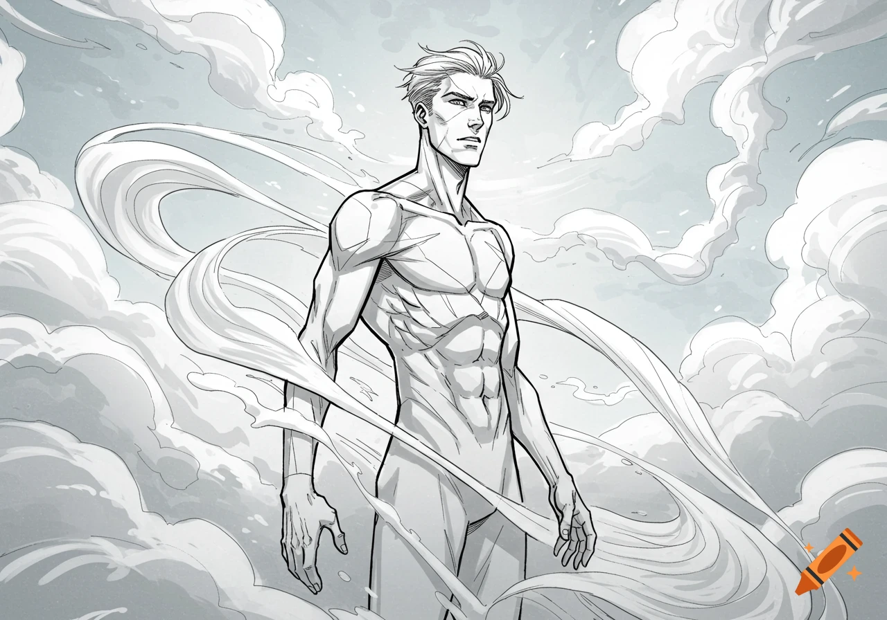 A muscular man with swept-back hair stands amidst swirling clouds in a comic book line art style.