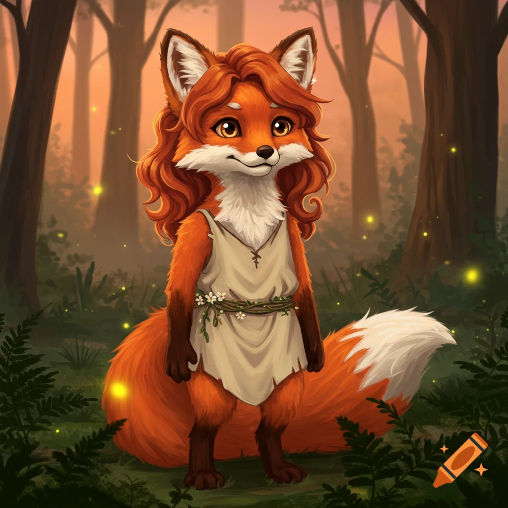A cute anthropomorphic foxgirl with red hair and a white tunic stands in a magical forest at sunset, with fireflies.