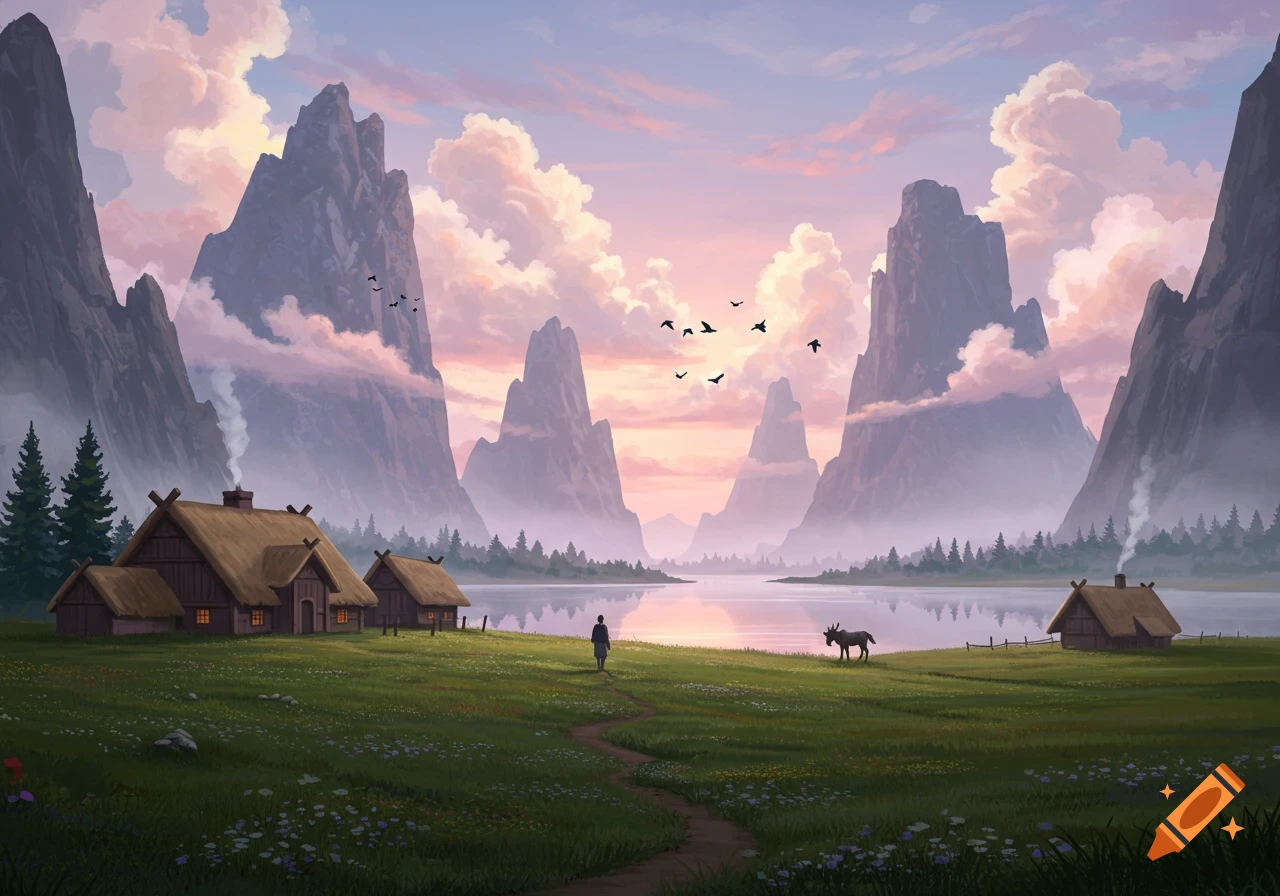 A scenic fantasy landscape with a village by a lake, surrounded by towering mountains under a pink and purple sky.