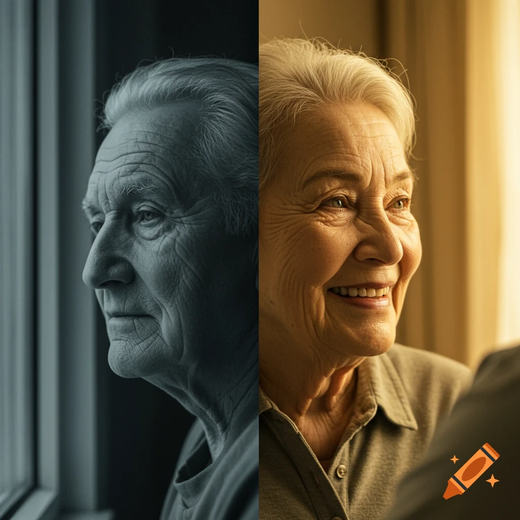 A split image shows an elderly person's face: the left in cool gray tones looking sad, the right in warm tones smiling brightly.