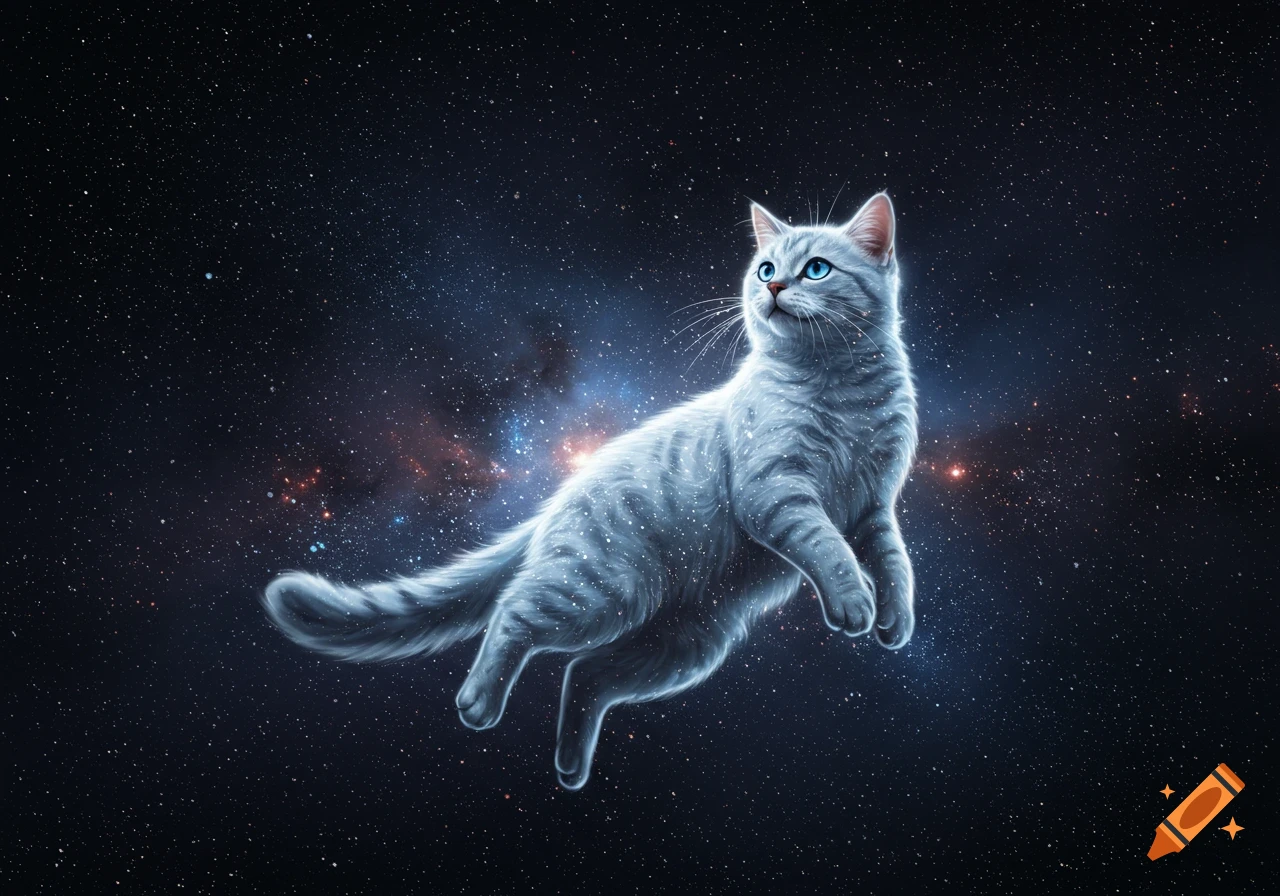 A light grey cat with blue eyes floats serenely in a dark, star-filled space with colorful nebulae.