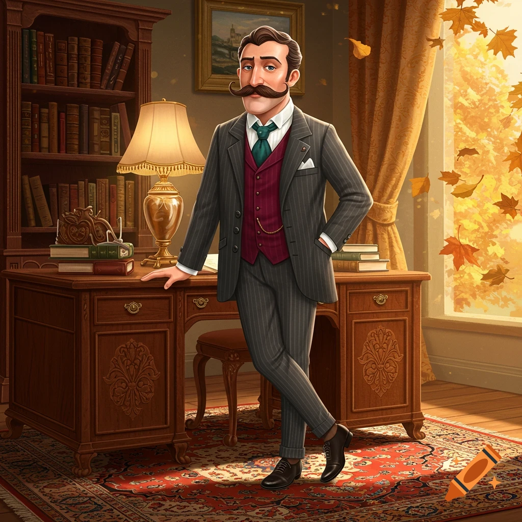 A dapper man with a large mustache stands in a vintage study with bookshelves and a window showing autumn leaves.