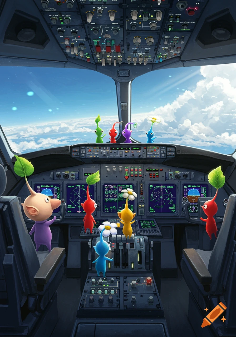 Colorful Pikmin characters, including red, yellow, blue, and purple, stand in a detailed airplane cockpit, flying high above white clouds under a bright blue sky.