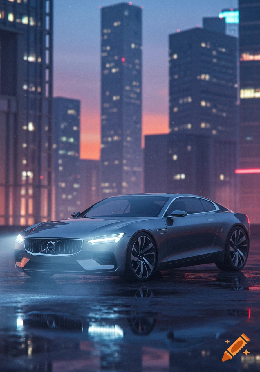 A sleek silver Volvo car with bright headlights parked on a wet city street at dusk, with blurred skyscrapers in the background.